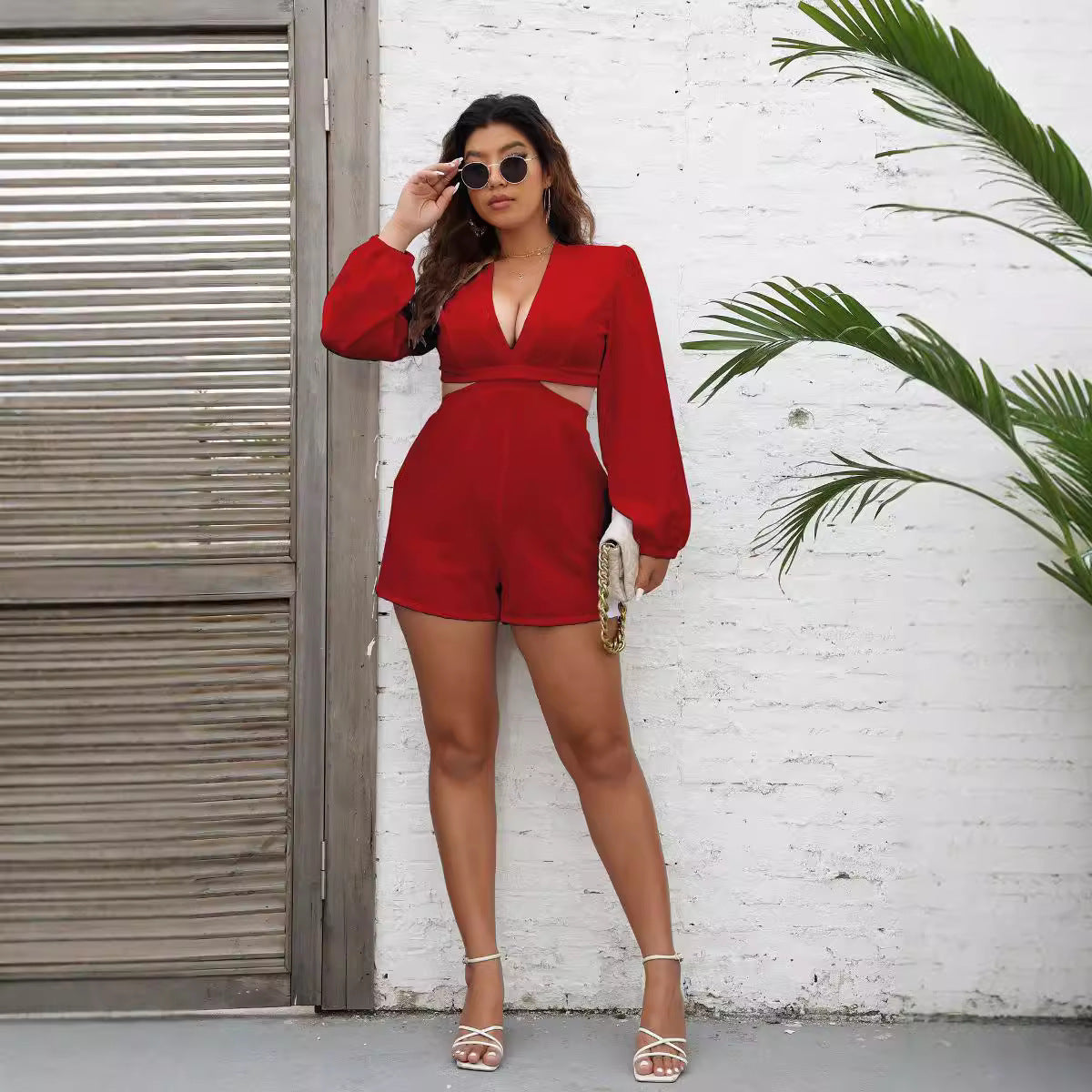 V neck Lace up Long Sleeved Jumpsuit Autumn Sexy Cutout Shorts Bella Mia